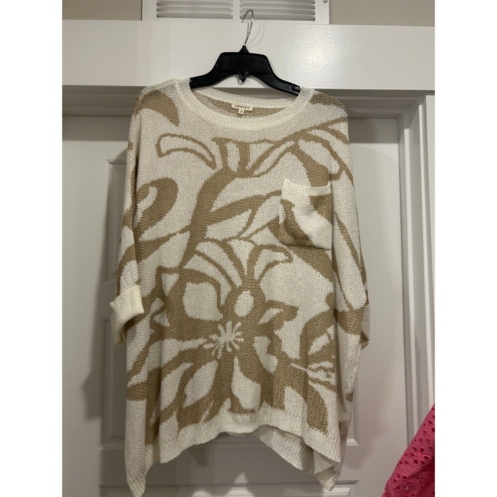 Jodifl Pullover Crew Neck Sweater Cream Floral Poncho Size Small Oversized Loose